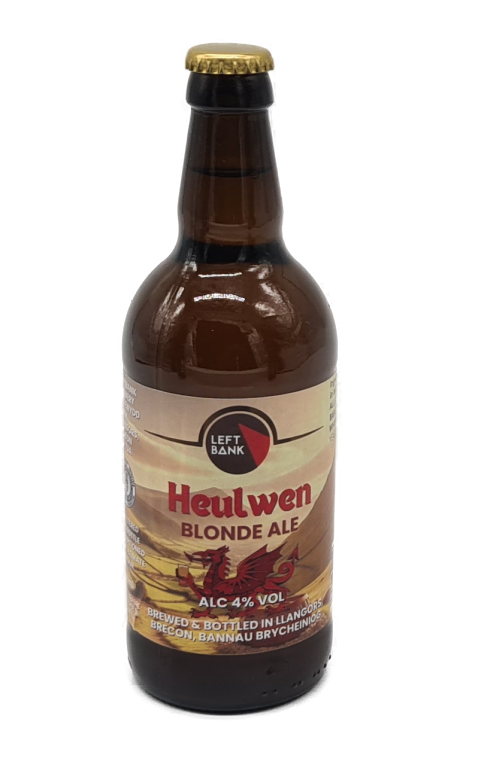 Bottle of Heulwen Blonde Ale with a visible label on a white background