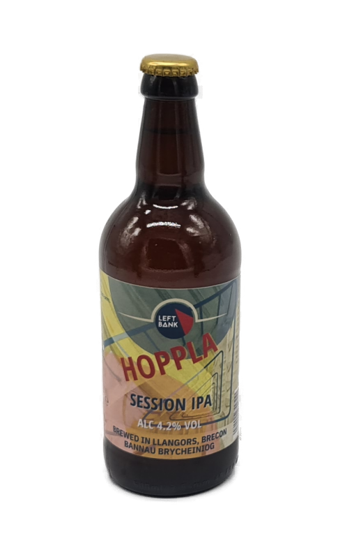 Bottle of Hoppla Session IPA with a colorful label on a white background
