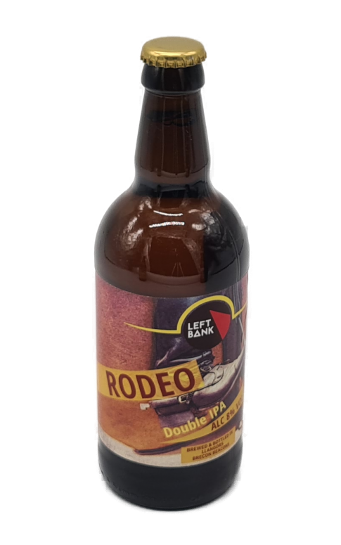 Bottle of Rodeo beer with a visible label on a white background