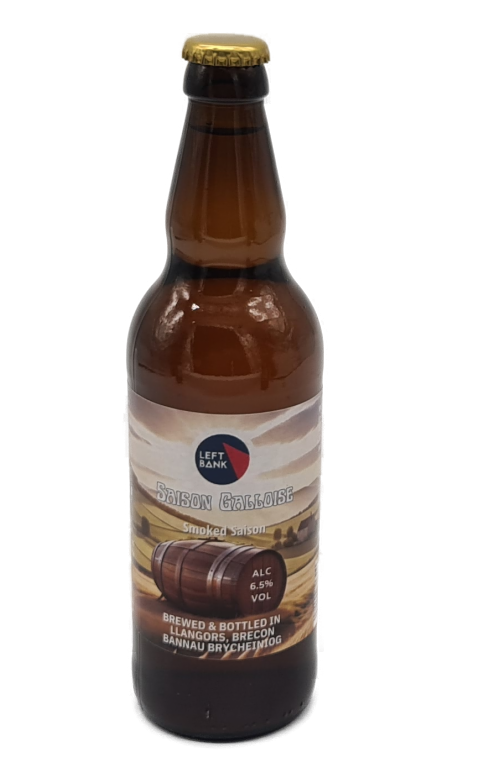 Brown beer bottle with a label on a white background