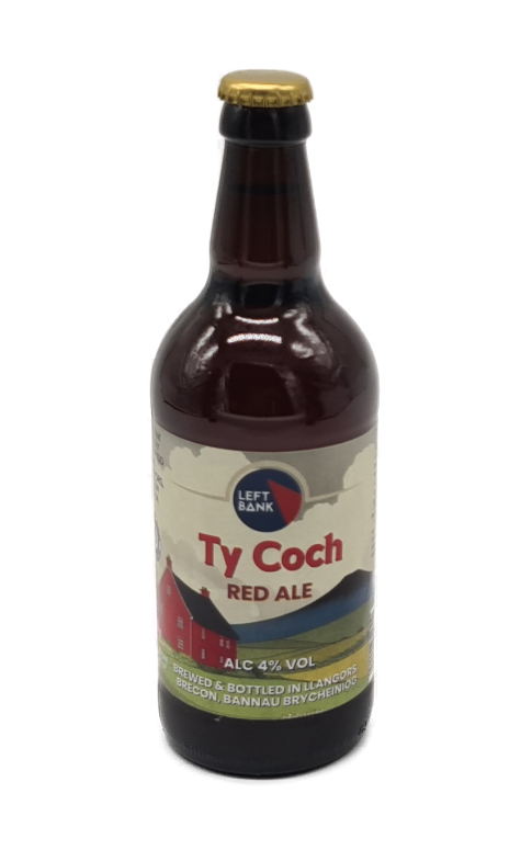 Ty Coch Red Ale bottle with a colorful label on a white background