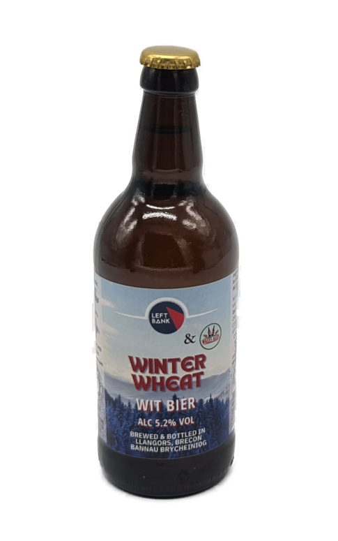 Brown bottle of 'Winter Wheat Wit Bier' with a blue label on a white background