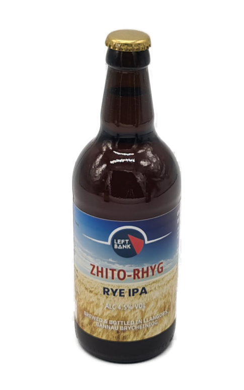 Bottle of ZHITO-RHYG Rye IPA with a gold cap on a white background